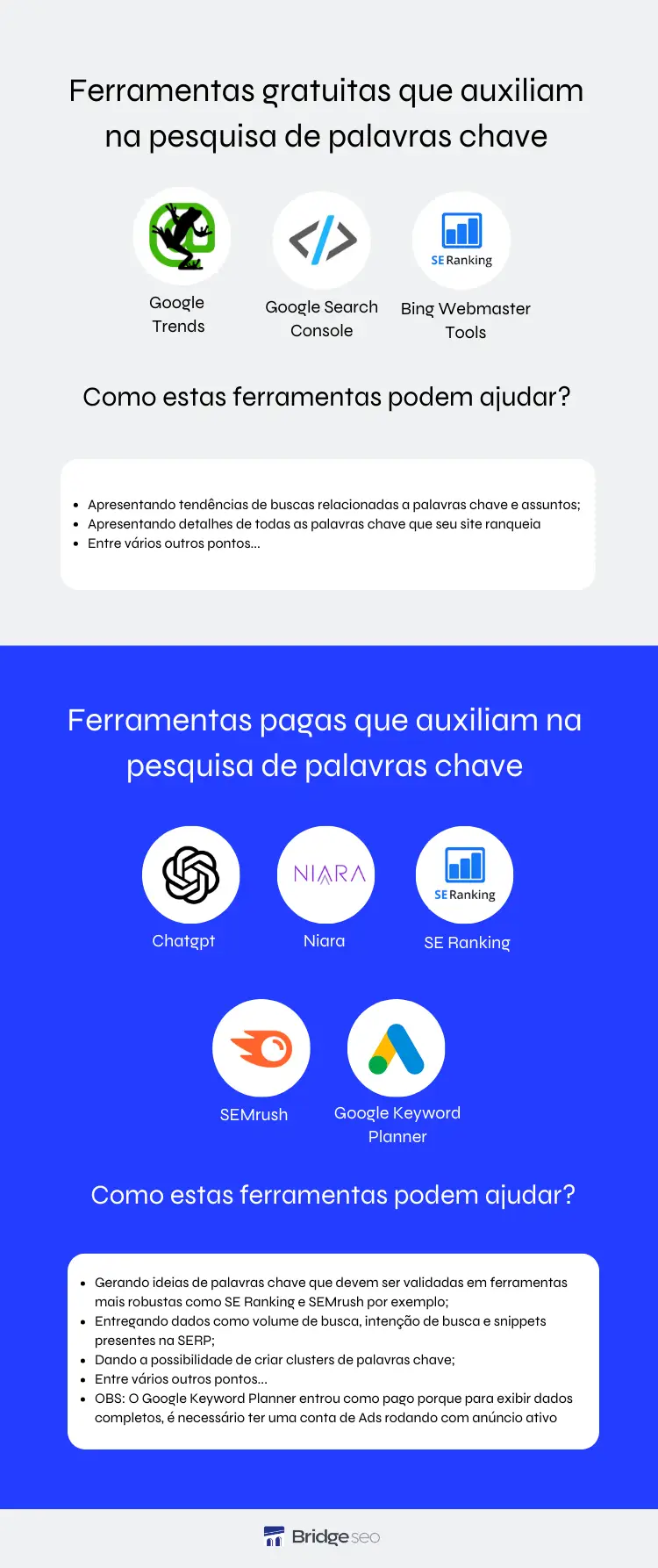 infográfico detalhando ferramentas de pesquisa de palavras chave gratuitas e pagas